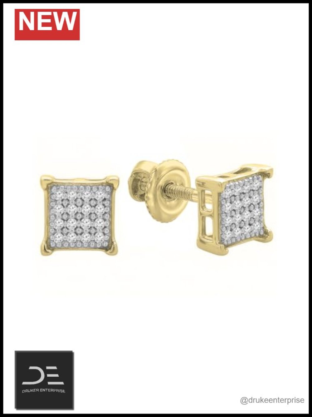 Natural Diamond Stud Earrings 925 Sterling Silver Yellow Plated Screw Back